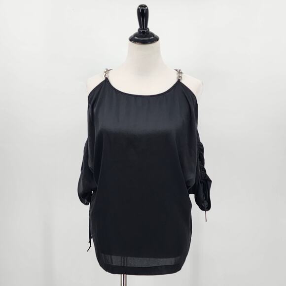Michael Kors Black Silky Semi-sheer Cold Shoulder Top w/ Metal Chain Size S - Picture 1 of 9
